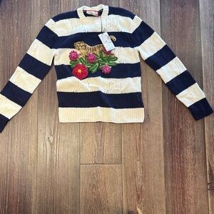 Gucci Navy and Cream Striped Sweater with Tiger and Floral Embroidery